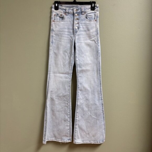 American Eagle Womens Super High Rise Flare Blue Jeans Size 4 Stretch Button Fly - Picture 1 of 14